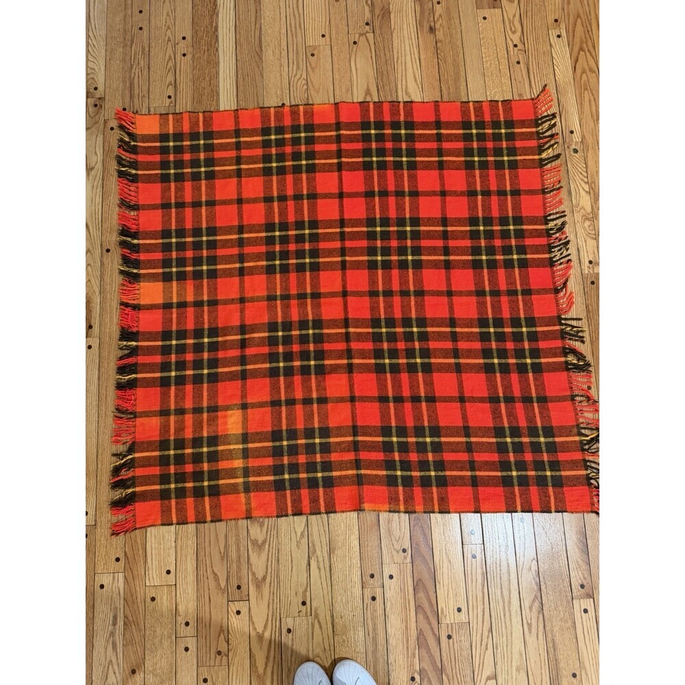 Vintage Orange Brown Plaid Wool Blend Throw Blanket Fringe Faribo Style Cabin - Picture 2 of 5